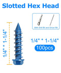 Heavy Duty Concrete Screw Assortment Kit With Drill And Driver Bits For Brick Block Stucco Hex Head Self Tapping Masonry Anchors 1/4" x 1-1/4"
