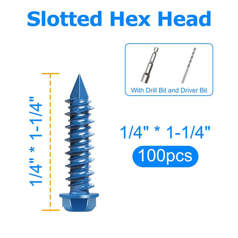 Heavy Duty Concrete Screw Assortment Kit With Drill And Driver Bits For Brick Block Stucco Hex Head Self Tapping Masonry Anchors 1/4" x 1-1/4"