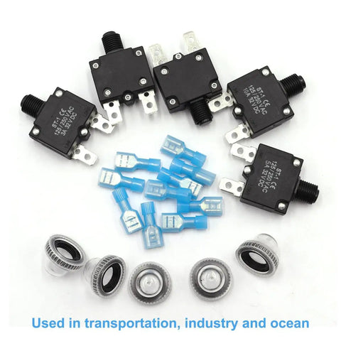Five Pack Push Button Circuit Breakers With Manual Reset 3A 5A 10A 15A 20A 125/250V AC And 32V DC Quick Connect Terminals