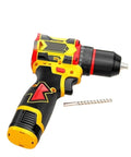 Knockout Cordless Drill Built Tough With 16.8V Power And Solid Metal Chuck Heavy Duty Impact Driver showing yellow and black design.