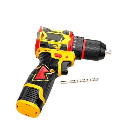 Knockout Cordless Drill Built Tough With 16.8V Power And Solid Metal Chuck Heavy Duty Impact Driver showing yellow and black design.