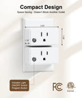 Remote Control Outlet Wall Switch With 200 Ft RF Range Plug And Play Wireless Power Switch For Lamps And Household Lights 15A 1875W High Power ETL Listed Detachable Dual Use Remote, compact design with dimensions shown, mounted on wall.