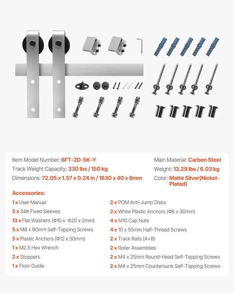 Components of Six Foot Brushed Nickel Sliding Barn Door Hardware Kit For 36 Inch Wide Door laid out with screws and rollers visible.