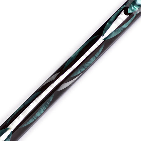Close-up of Istanbul 3 Cushion Carom Cue W/Luna Nera Fe71 Shaft and floral inlays, highlighting craftsmanship.