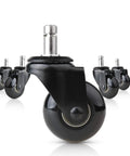Set Of Five Heavy Duty Swivel Caster Wheels For Office Chairs Featuring Bone Quiet Rolling PU Treads, black wheels with metal stems.