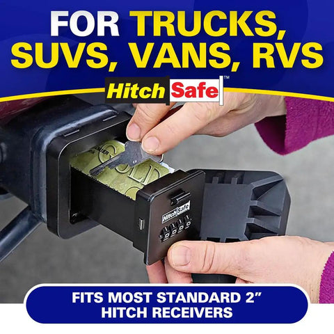 Solid Steel Hidden Trailer Hitch Locker With FourDigit Combo Lock Secret Stash Safe For Keys Cash And Cards, shown fitting a 2-inch hitch.