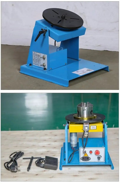 Badass Benchtop Welding Positioner Rotary Table With Slick Foot Pedal Adjustment, showing blue frame and control panel.