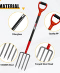Heavy Duty 4-Tine Garden Spading Fork With 43 Inch Fiberglass Handle, 7x3.5 Inch Head, 1050 Manganese Steel, Anti-Slip D-Grip