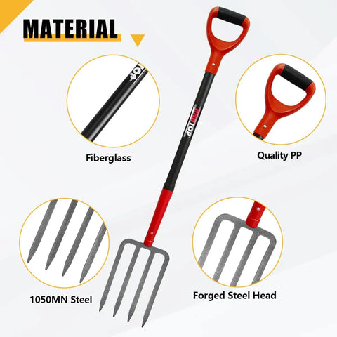 Heavy Duty 4-Tine Garden Spading Fork With 43 Inch Fiberglass Handle, 7x3.5 Inch Head, 1050 Manganese Steel, Anti-Slip D-Grip