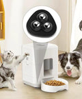 Pet feeder with 8 Pack Self Adhesive Appliance Sliders 360 Degree Swivel Mini Caster Wheels next to cat and dog in room.
