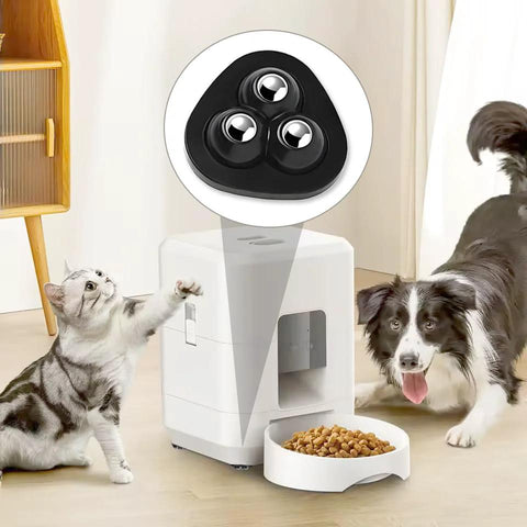 Pet feeder with 8 Pack Self Adhesive Appliance Sliders 360 Degree Swivel Mini Caster Wheels next to cat and dog in room.