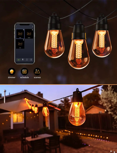 50Ft Led Outdoor String Lights With Dimmer And App Control, Weatherproof Commercial Grade Patio Lighting with S14 Edison Bulbs