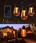 Outdoor String Lights With Dimmer And App Control 100 Ft LED patio lights displaying app functions and lit vintage Edison bulbs in garden