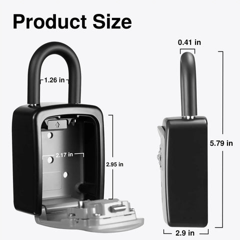 Outdoor Key Lock Box With Weatherproof Combination Lock, open and side view with size dimensions, portable key storage