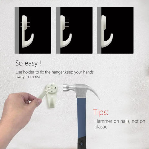 Installing the Dope No Damage Picture Hanging Kit With 68 Invisible Nails on concrete wall using hammer.