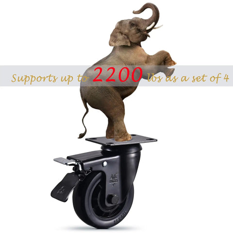 Built Legit 4 Inch Heavy Duty Caster Wheels Set Of Four With Dead Quiet Rubber Tires Rock Solid Dual Locking Brakes 2200 Lb Capacity on a caster with an elephant.