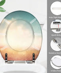 Chill Tropical Beach Resin Toilet Seat featuring a sunny thatched umbrella motif on a white toilet with quick release hinges.