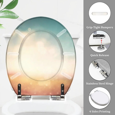 Chill Tropical Beach Resin Toilet Seat featuring a sunny thatched umbrella motif on a white toilet with quick release hinges.