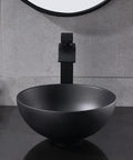 Sleek Black Vessel Sink With Drain Included, 13x13 Round Above Counter Bathroom Vanity Sink with matte finish on countertop