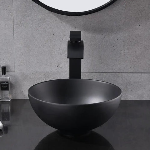 Sleek Black Vessel Sink With Drain Included, 13x13 Round Above Counter Bathroom Vanity Sink with matte finish on countertop