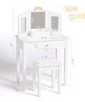 Kids Vanity Table Set With Gold Bow for Little Girls, sturdy white wood makeup desk, size guide with dimensions visible