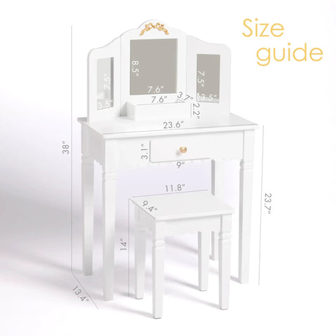 Kids Vanity Table Set With Gold Bow for Little Girls, sturdy white wood makeup desk, size guide with dimensions visible