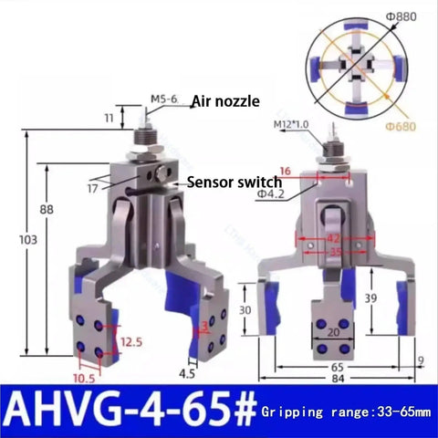 Pneumatic Fixture Cylinder With Four Claw Clamp And Sensor Switch Mechanical Arm Gripper Finger Cylinder For Tight Precision Assembly Water Spout Clip Heavy Duty Build Industrial Grade AHVG65