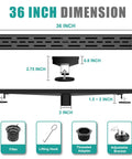 36 Inch Linear Shower Drain with Rectangular Brick Pattern Grate in Matte Black Dope Finish, includes filter and adapter.