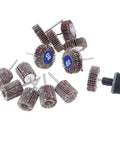 20 Pack 80 Grit Flap Wheel Sander Set With Pro Grade One Eighth Inch Shank, 32mm Diameter, showcasing sanding wheels near rotary tool.
