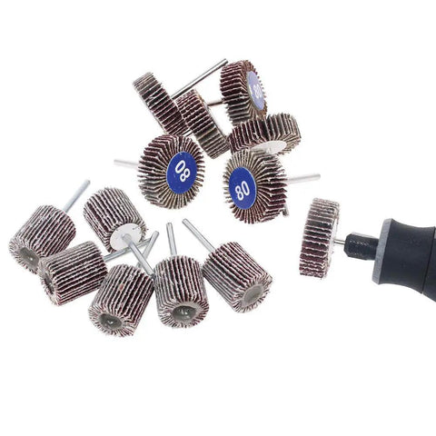 20 Pack 80 Grit Flap Wheel Sander Set With Pro Grade One Eighth Inch Shank, 32mm Diameter, showcasing sanding wheels near rotary tool.