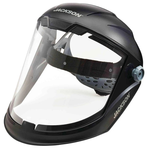 MAXVIEW Premium Face Shield with 370 Speed Dial Ratcheting Headgear, ANSI Z87.1, clear tint front view
