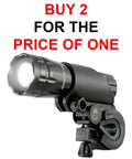 Two Pack Aircraft Aluminum Waterproof 300 Lumen LED Bike Light Set, black headlight, mount, offer text "Buy 2 For The Price Of One"