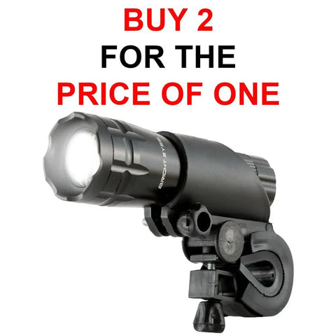 Two Pack Aircraft Aluminum Waterproof 300 Lumen LED Bike Light Set, black headlight, mount, offer text "Buy 2 For The Price Of One"