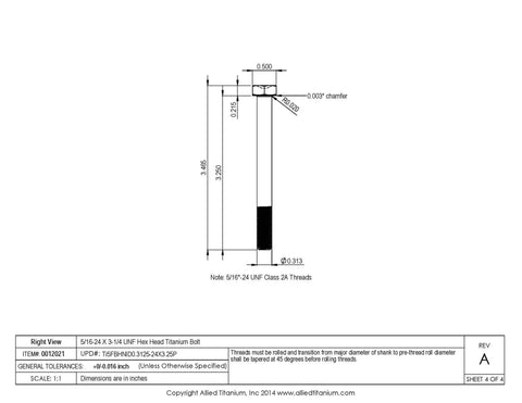 5/16-24 X 3-1/4 UNF Grade 5 Titanium Hex Head Bolt dimensions and specifications sheet, showcasing saltwater resistance.