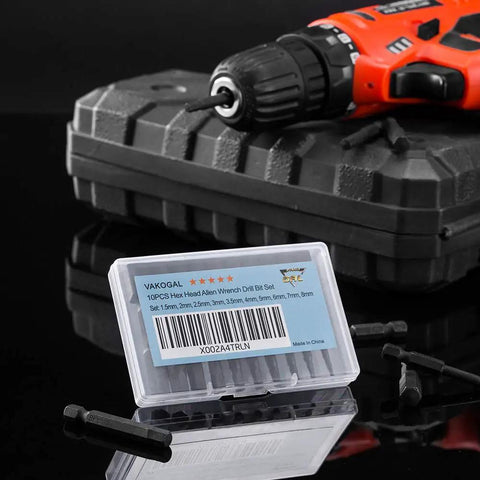 Rugged S2 Steel Hex Head Screwdriver Bit Set, 10 Pieces, 1.5-8mm Metric Range, displayed next to an electric drill