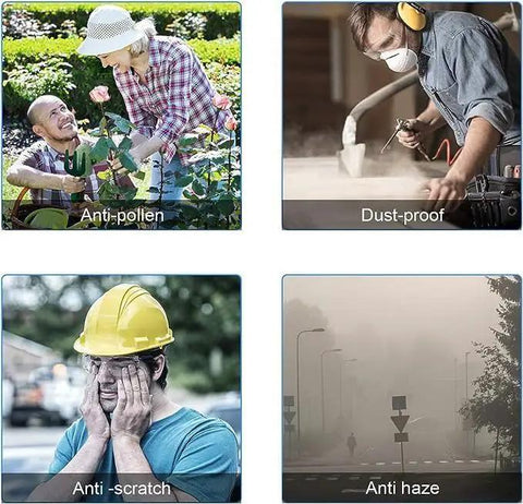 Various scenes highlighting uses of Badass Anti Fog Safety Glasses With Side Shields For Women And Girls Block Blue Light Dust And Pollen.