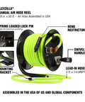 Manual Open Face Air Hose Reel Three Eighths Inch By Fifty Feet Heavy Duty Yet Lightweight Hybrid Build with Brass Inlet.