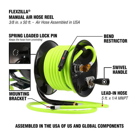 Manual Open Face Air Hose Reel Three Eighths Inch By Fifty Feet Heavy Duty Yet Lightweight Hybrid Build with Brass Inlet.