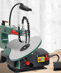 Heavy Duty Desktop Curve Saw Cuts Wood And Steel Without Breaking A Sweat Corded Electric Jig Tool With Dust Free Shield And Effortless Angle Tweaks, showcasing adjustable cutting table and foot pedal.