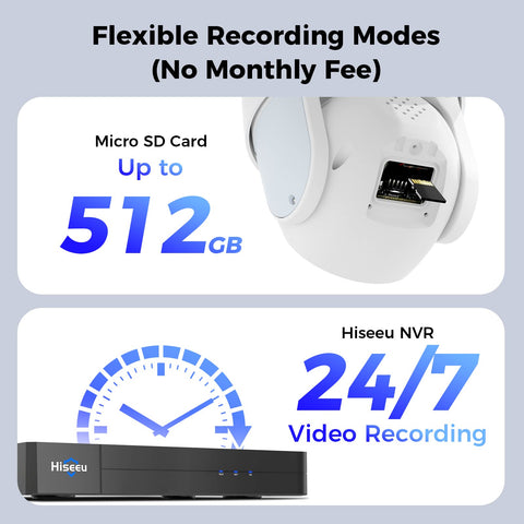 4K 8MP PoE PTZ Security Camera System with NVR, micro SD card slot up to 512GB, and 24/7 video recording.