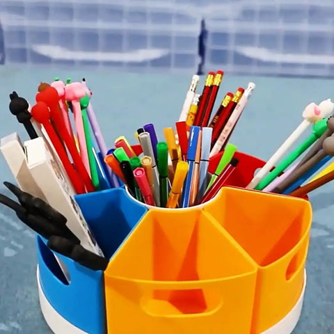 Spinning Desk Organizer With Six Compartments For Pens, Art Supplies, And Makeup Accessories, 360 Degree Rotating Desktop Organizer For Home, Vanity, Or Nightstand with colorful pens