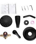 Components of Matte Black Shower Trim Kit With Six-Spray Shower Head And Included Valve, Tub Spout, Arm, And Six-Inch Extra Large Head