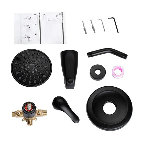 Components of Matte Black Shower Trim Kit With Six-Spray Shower Head And Included Valve, Tub Spout, Arm, And Six-Inch Extra Large Head