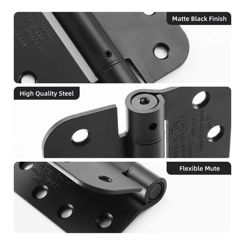 Close-up of 4 Inch Spring Loaded Self Closing Door Hinges With Adjustable Tension For Interior Doors, Matte Black Finish, showing details of the UL Listed 5/8 Inch Radius design, 2 Pack Includes Screws And Adjustment Rod For Easy Install features.