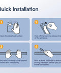 Quick installation instructions for 4 Pack Under Desk Cable Management Kit J Channel Cord Organizer, showing cleaning, peeling, sticking, waiting.