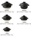 Five sizes of Hase En Kamado San Earthenware Rice Pot For Gas Stoves With Double Lid, made in Japan, shown on a white background.