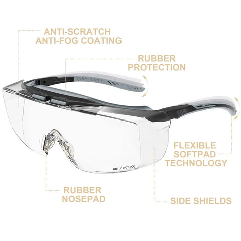 Anti Fog Lab Safety Glasses For Glasses Wearers Over Eyeglasses Clear And Tinted 2 Pack With Integrated Side Shields ANSI Z87.1 Plus UV400 Protection Over Prescription Glasses Goggles with anti-scratch and anti-fog coating