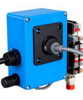Beefy Metal Electrical Outlet With Slick Ergonomic Plug Design No Sweat Easy Install For Camping Rv Satellites And Mobile Living Spaces Dependable Five Amp Power Rig, blue metal casing, with cable connection.