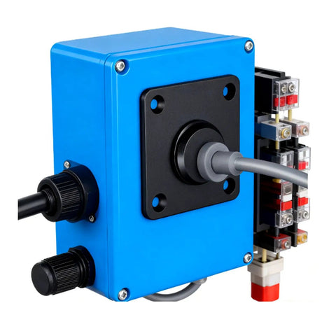 Beefy Metal Electrical Outlet With Slick Ergonomic Plug Design No Sweat Easy Install For Camping Rv Satellites And Mobile Living Spaces Dependable Five Amp Power Rig, blue metal casing, with cable connection.