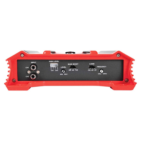 Back view of GP2000 2000W 2 Channel Car Amplifier showing inputs and controls, 12 dB crossover, black and red design.